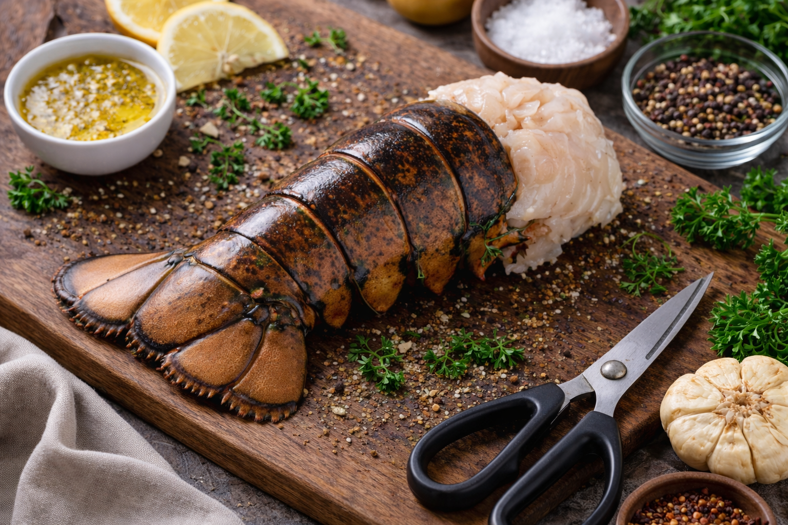 Lobster tail on a wooden board with herbs, garlic, and cooking utensils.