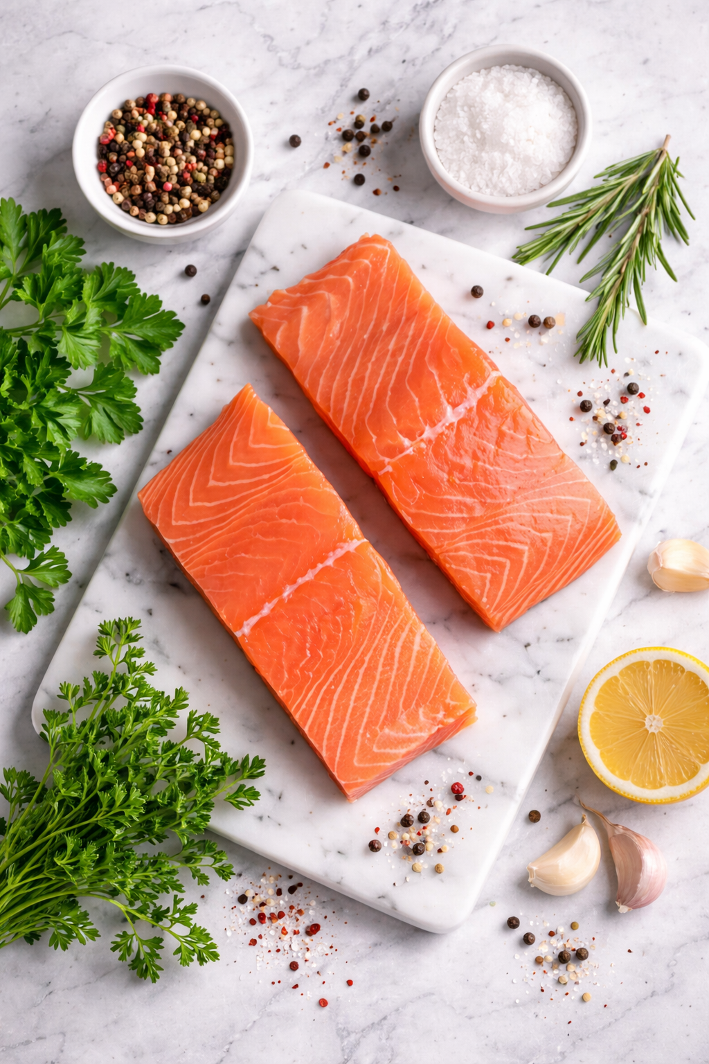 Two raw salmon fillets on a marble slab with herbs, lemon, and spices.