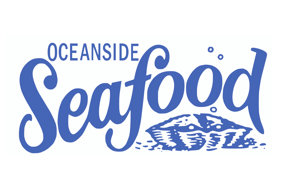 Oceanside Seafood logo with blue text and fish illustration on a white background