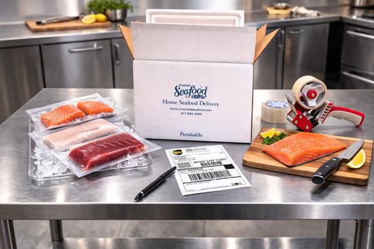 Seafood delivery box with raw salmon on a kitchen counter