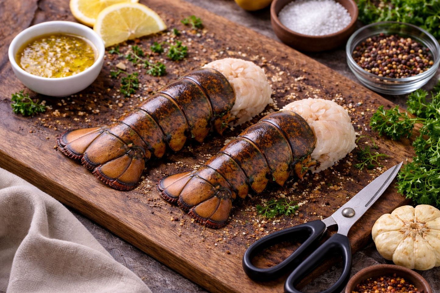 Lobster tails on a wooden board with herbs, lemon, and spices.