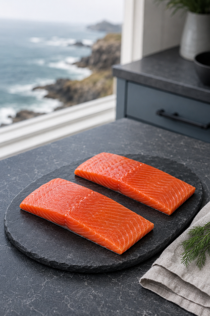 Two raw Alaskan Coho Salmon portions presented skin-side down on dark slate in a coastal kitchen.