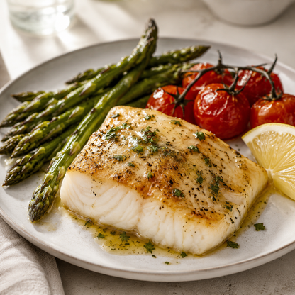 Pan-seared wild Alaskan halibut with lemon herb butter and asparagus