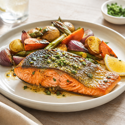 Pan-seared wild Alaskan King salmon with crisp skin and citrus herbs