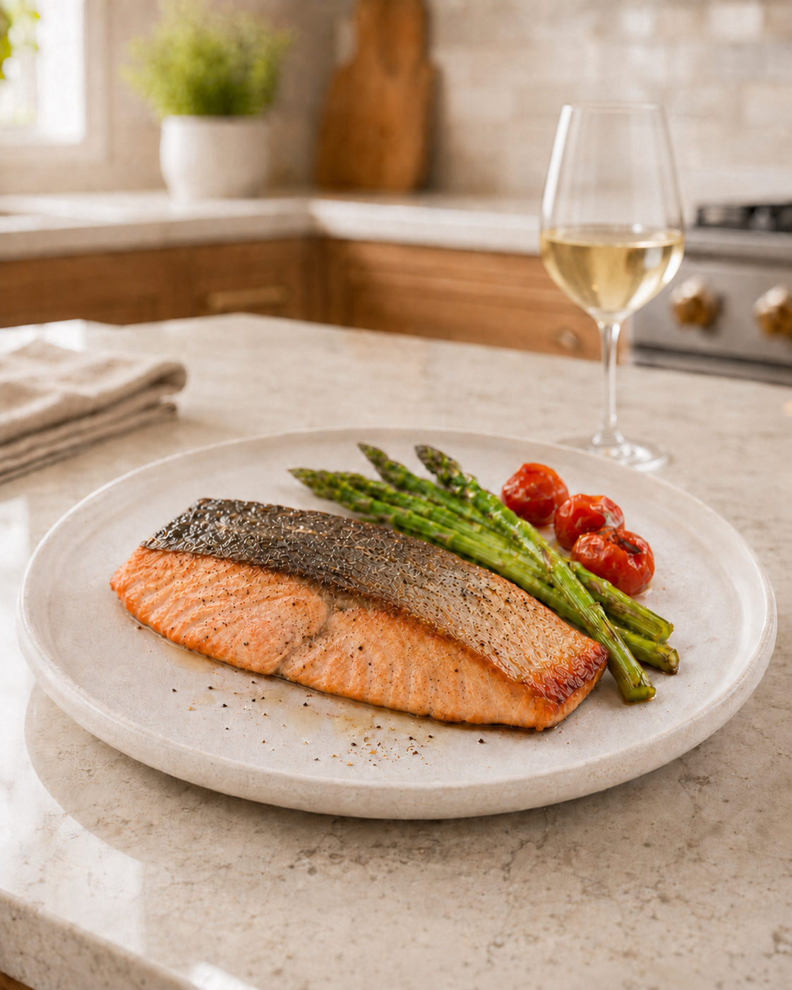 Cooked light-pink Alaskan King Salmon with asparagus, tomatoes, and a softly blurred glass of white wine in a warm kitchen.
