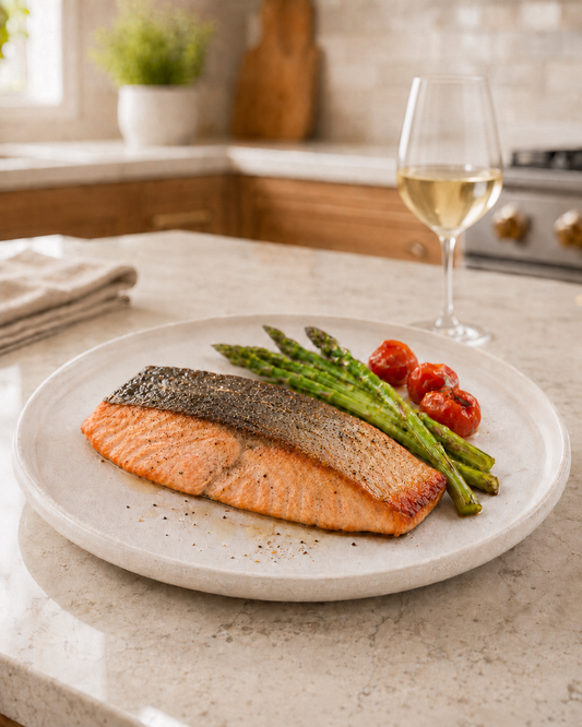 Cooked light-pink Alaskan King Salmon with asparagus, tomatoes, and a softly blurred glass of white wine in a warm kitchen.
