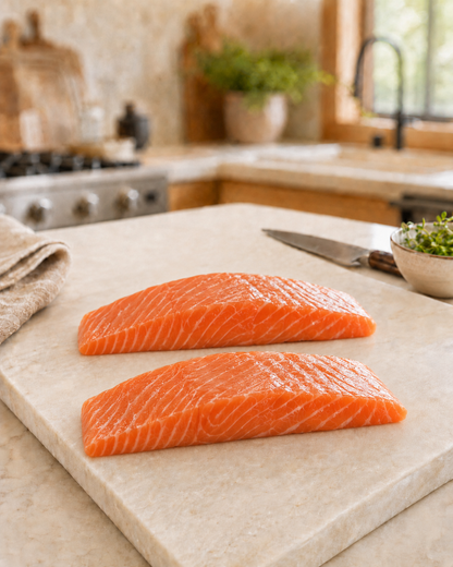 Two raw Alaskan King Salmon portions with rich orange flesh facing up in a warm home kitchen.