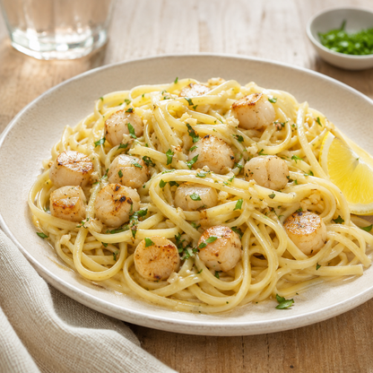 Sautéed wild bay scallops with garlic butter linguine, lemon and parsley