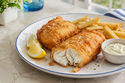 Crispy beer-battered Atlantic cod served with lemon, fries and tartar sauce