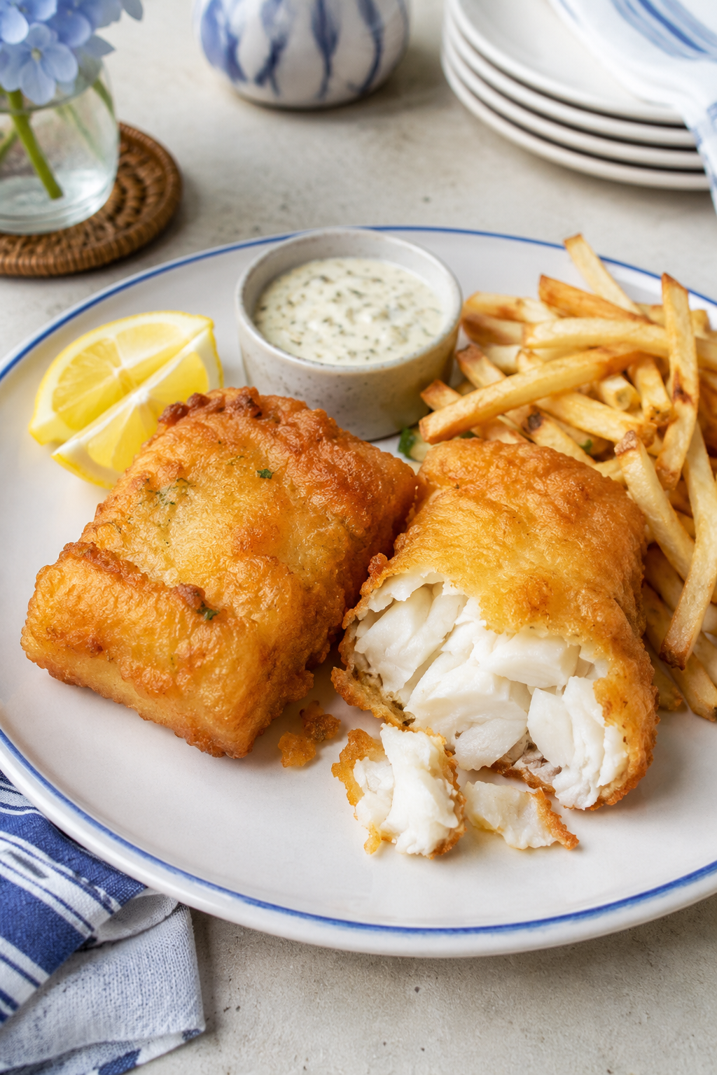 Beer-battered cod portions with flaky white fish, fries, lemon and tartar sauce
