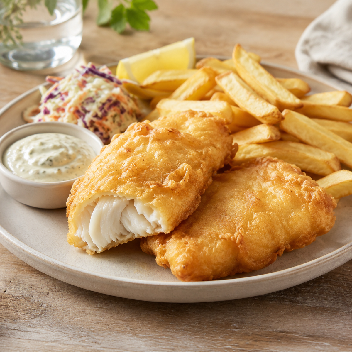 Crispy beer-battered wild Atlantic cod with fries, tartar sauce and lemon