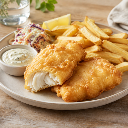 Crispy beer-battered wild Atlantic cod with fries, tartar sauce and lemon