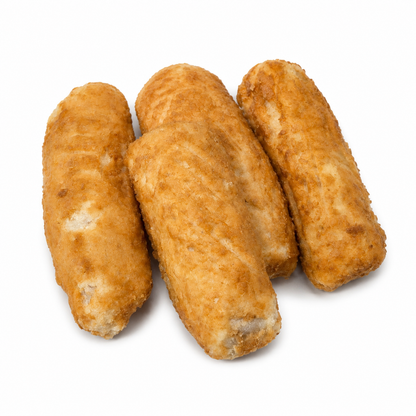 Uncooked frozen Beer Battered Cod portions with golden batter on a white background