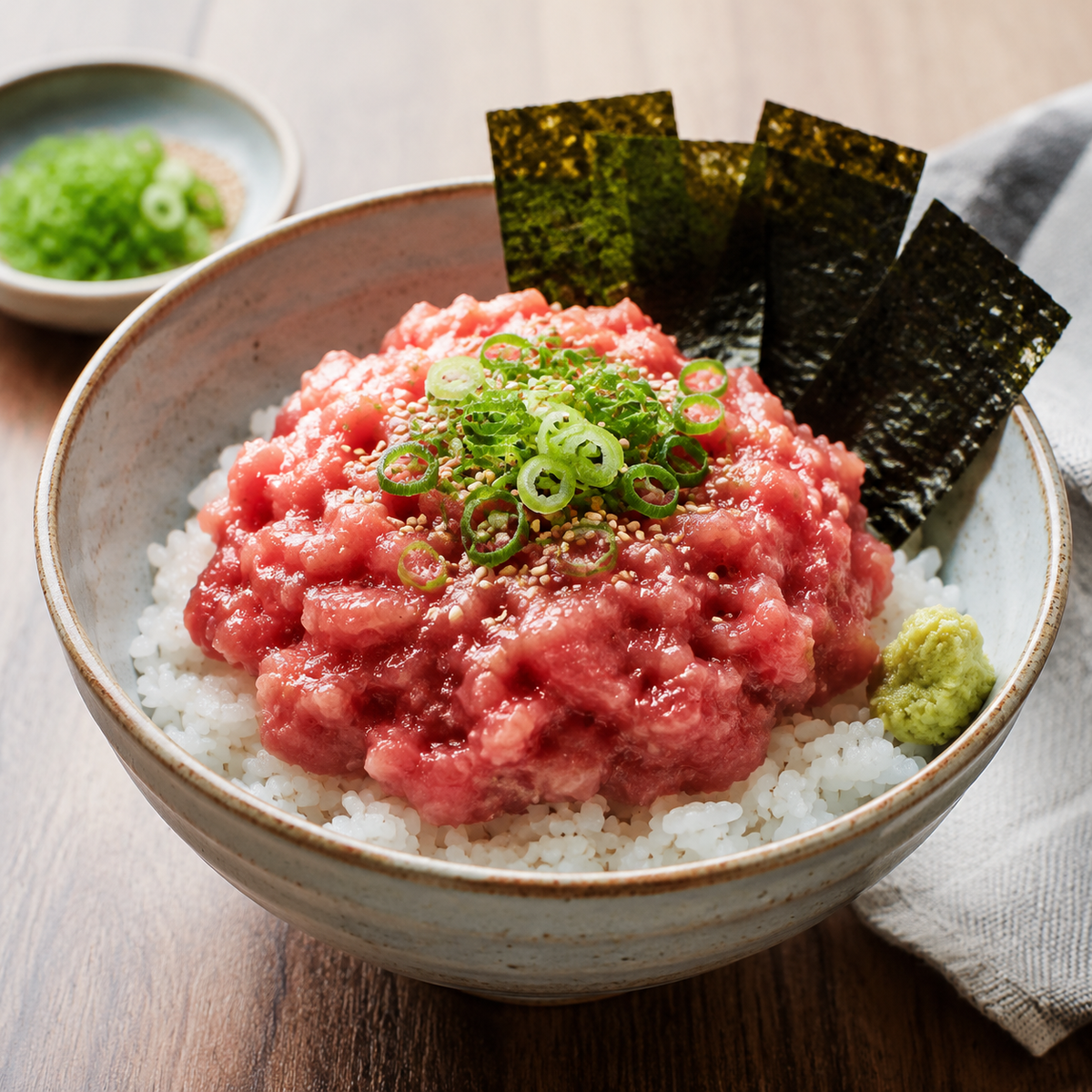 Bluefin tuna Nakaochi negitoro rice bowl with scallions, sesame and nori