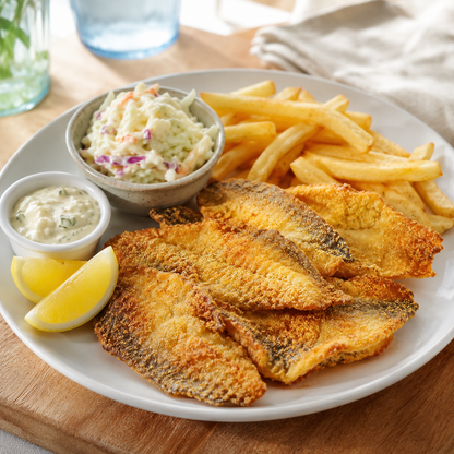 Wild bluegill fillets in a Midwestern fish fry with lemon, tartar sauce and slaw
