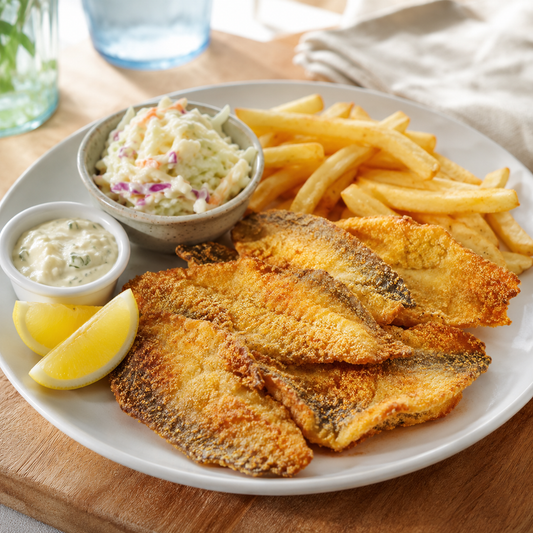 Wild bluegill fillets in a Midwestern fish fry with lemon, tartar sauce and slaw