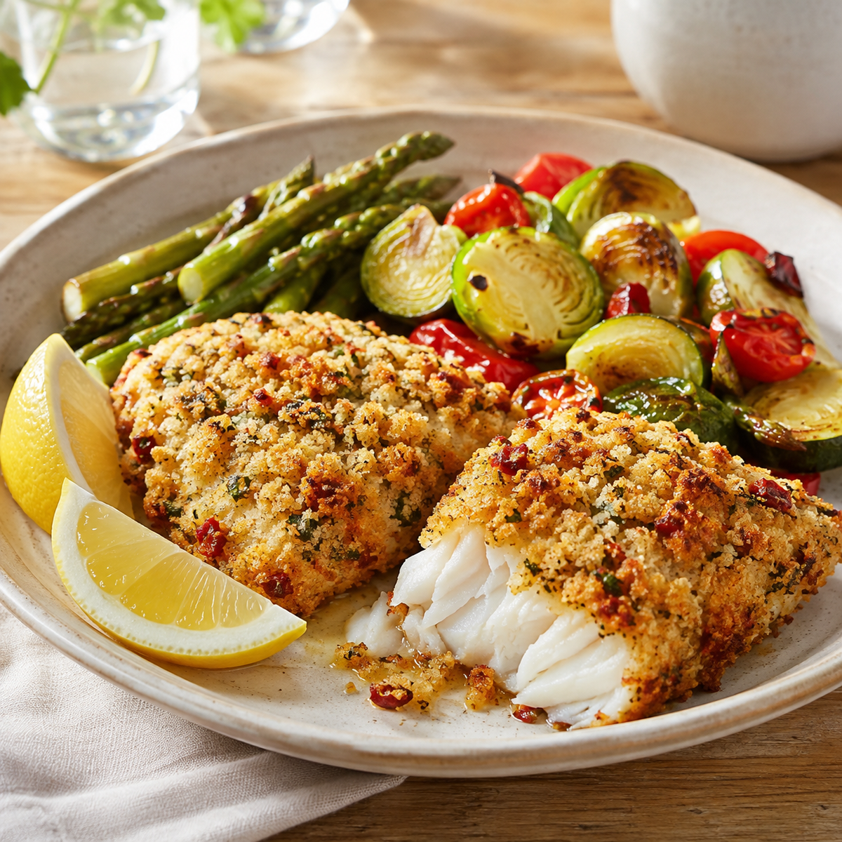 Baked breaded Tuscan cod loins with herbs, roasted vegetables and lemon