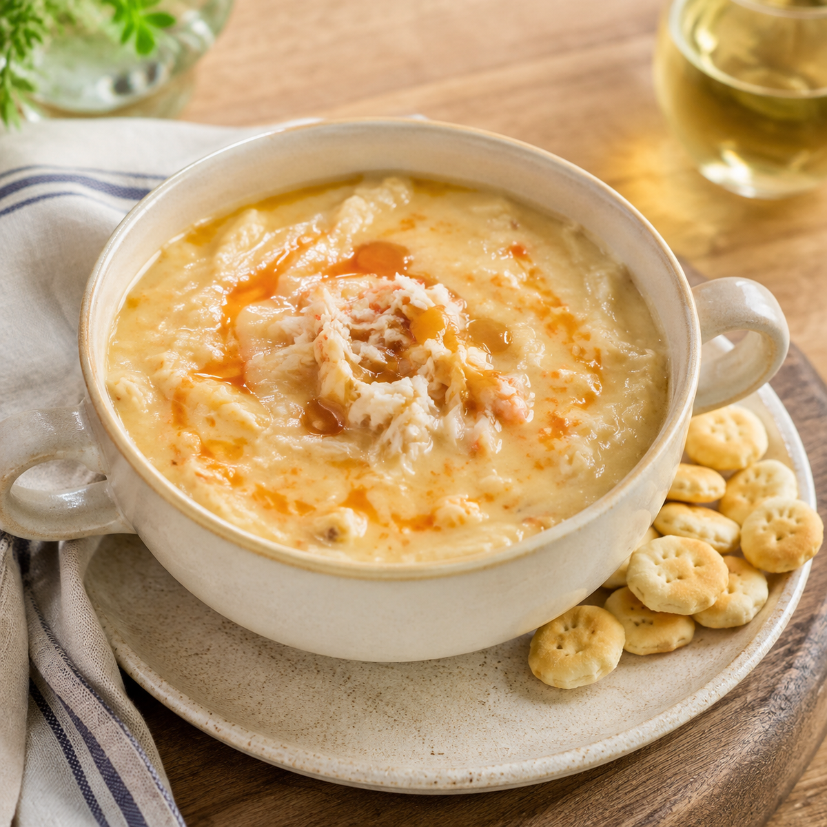 Creamy Charleston she-crab soup with blue crab meat, roe and sherry