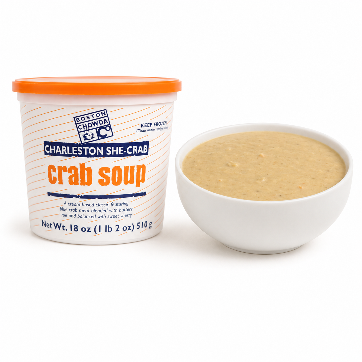 Boston Chowda Charleston She-Crab Soup retail container beside a prepared bowl of crab soup.
