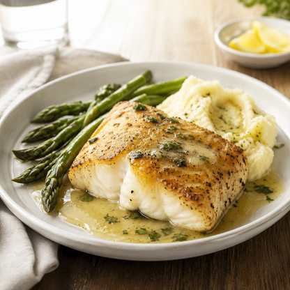 Pan-seared wild Chilean sea bass with lemon herb sauce, asparagus and potatoes