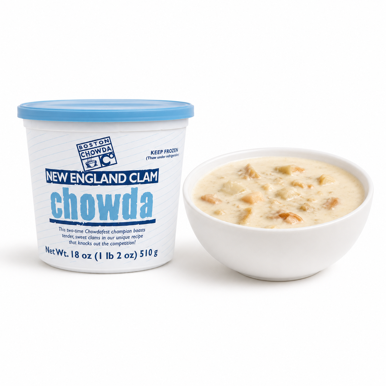 Boston Chowda New England Clam Chowda retail container beside a prepared bowl of clam chowder.
