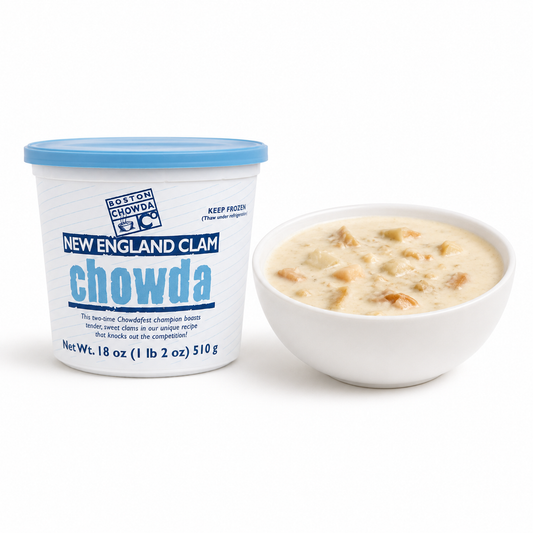 Boston Chowda New England Clam Chowda retail container beside a prepared bowl of clam chowder.