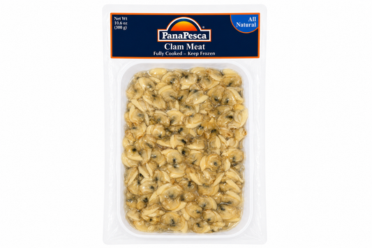 PanaPesca fully cooked Clam Meat 10.6 oz package on white background