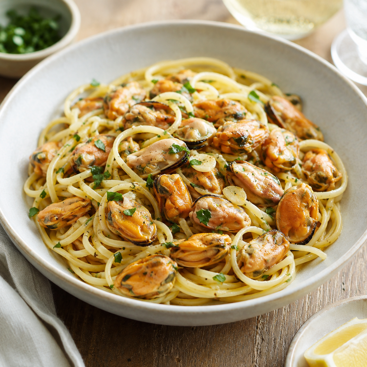 Cooked mussel meat linguine with garlic, white wine, butter, lemon and parsley