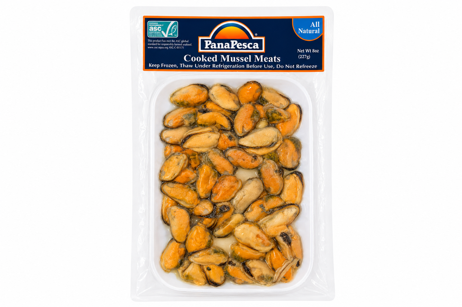 PanaPesca Cooked Mussel Meats 8 oz package on white background