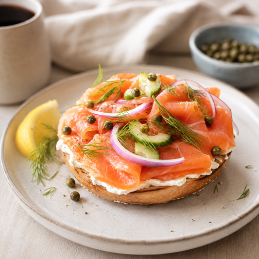 Ducktrap Nova lox cold-smoked salmon bagel with cream cheese, capers and onion