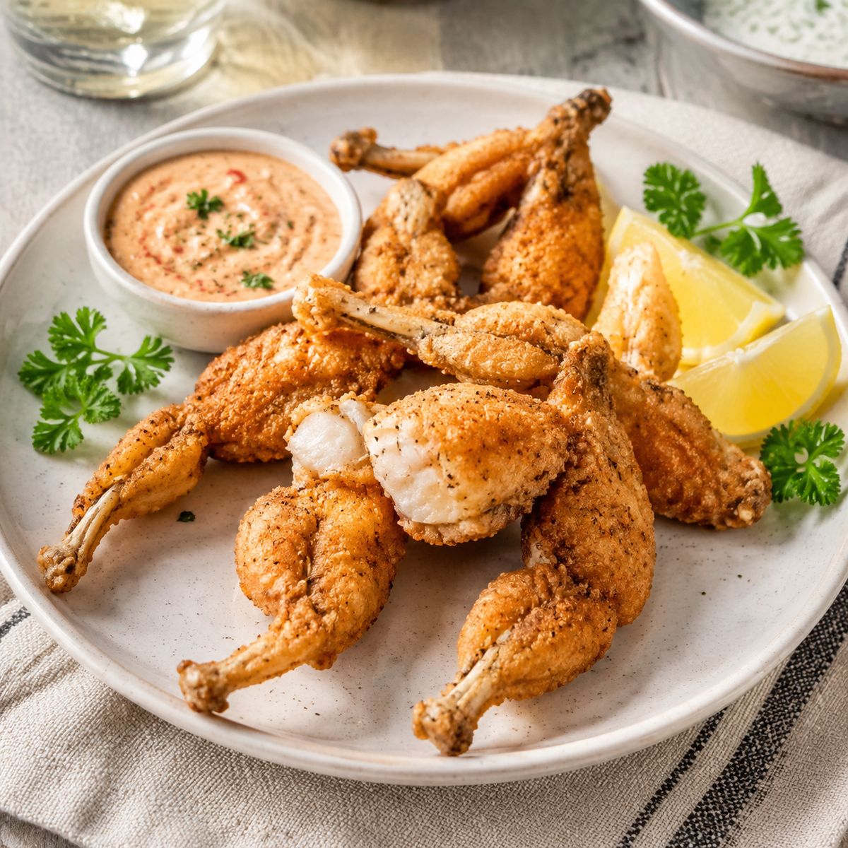 Cajun fried frog legs with lemon, parsley and spicy dipping sauce