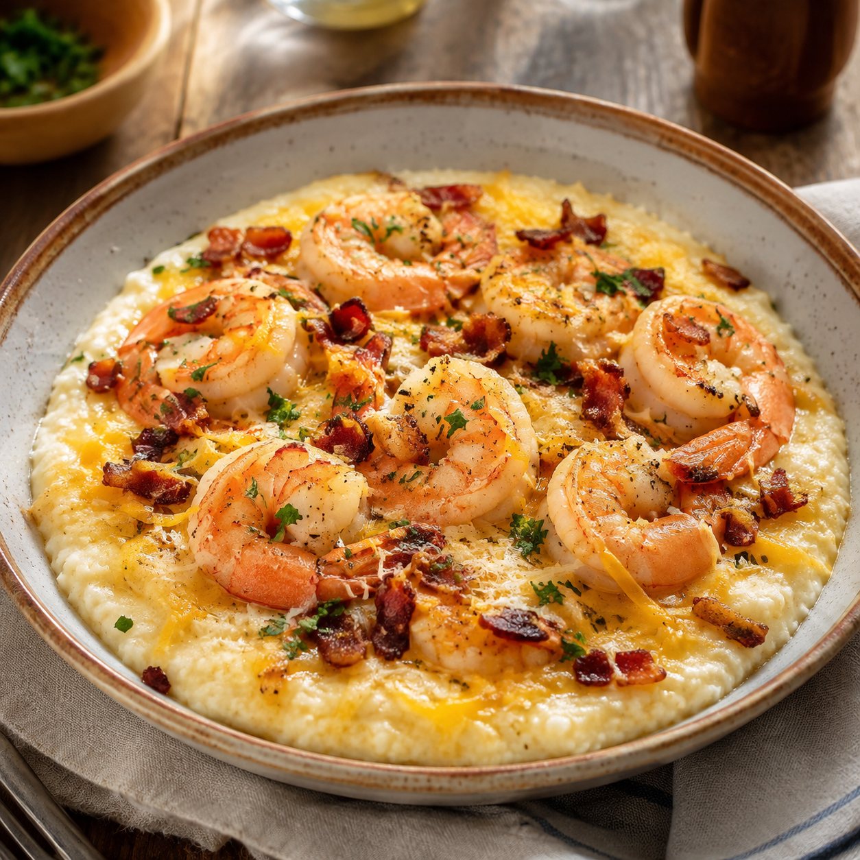 Southern garlic shrimp and creamy white corn grits with bacon and parsley