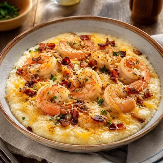Southern garlic shrimp and creamy white corn grits with bacon and parsley