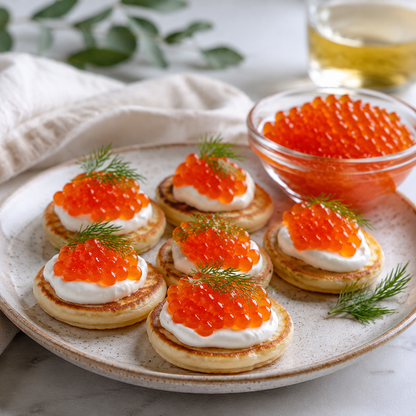 Great Lakes Coho salmon caviar served chilled on blini with crème fraîche