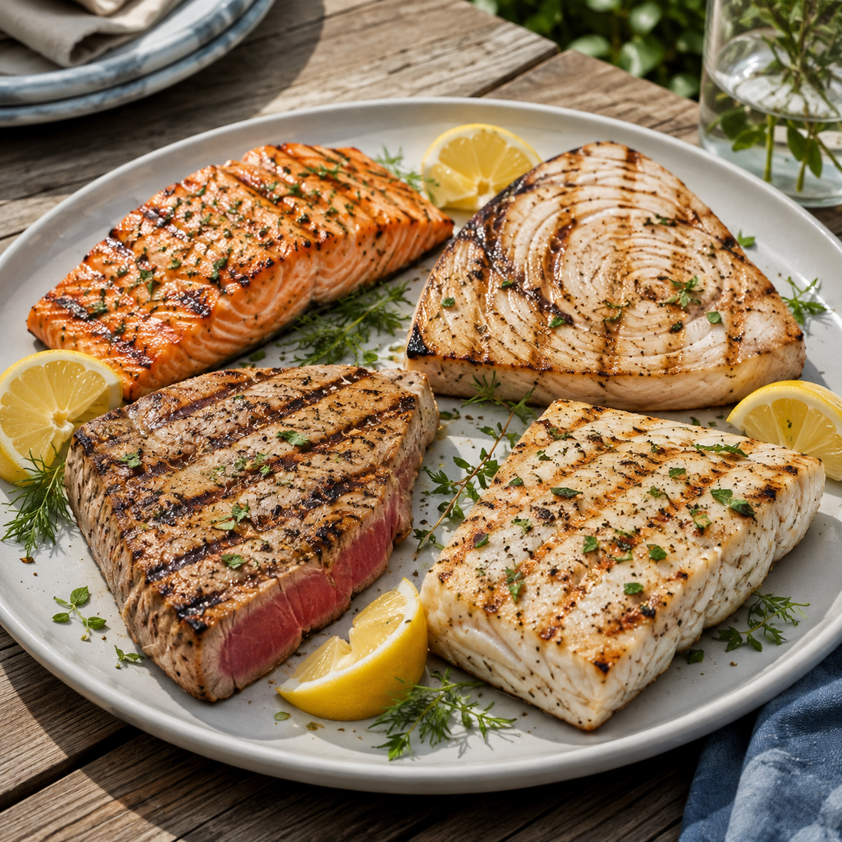 Grilled salmon, swordfish, tuna and mahi-mahi variety pack with lemon and herbs