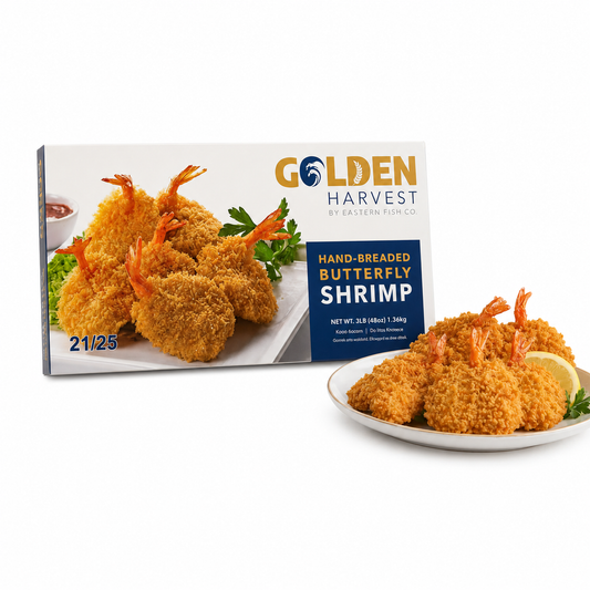 Jumbo Breaded Shrimp box and plated shrimp on a clean white background