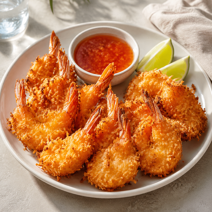 Golden jumbo coconut shrimp with sweet chili sauce, lime and fresh herbs