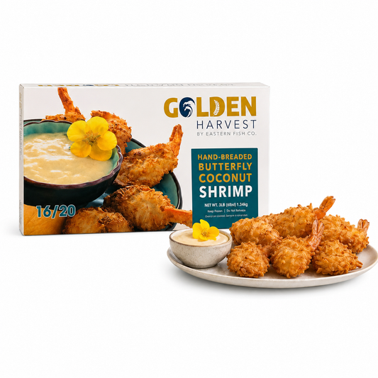 Jumbo Coconut Shrimp box and plated shrimp on a clean white background