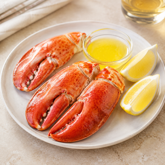 Warm Canadian lobster claws served with melted butter and lemon