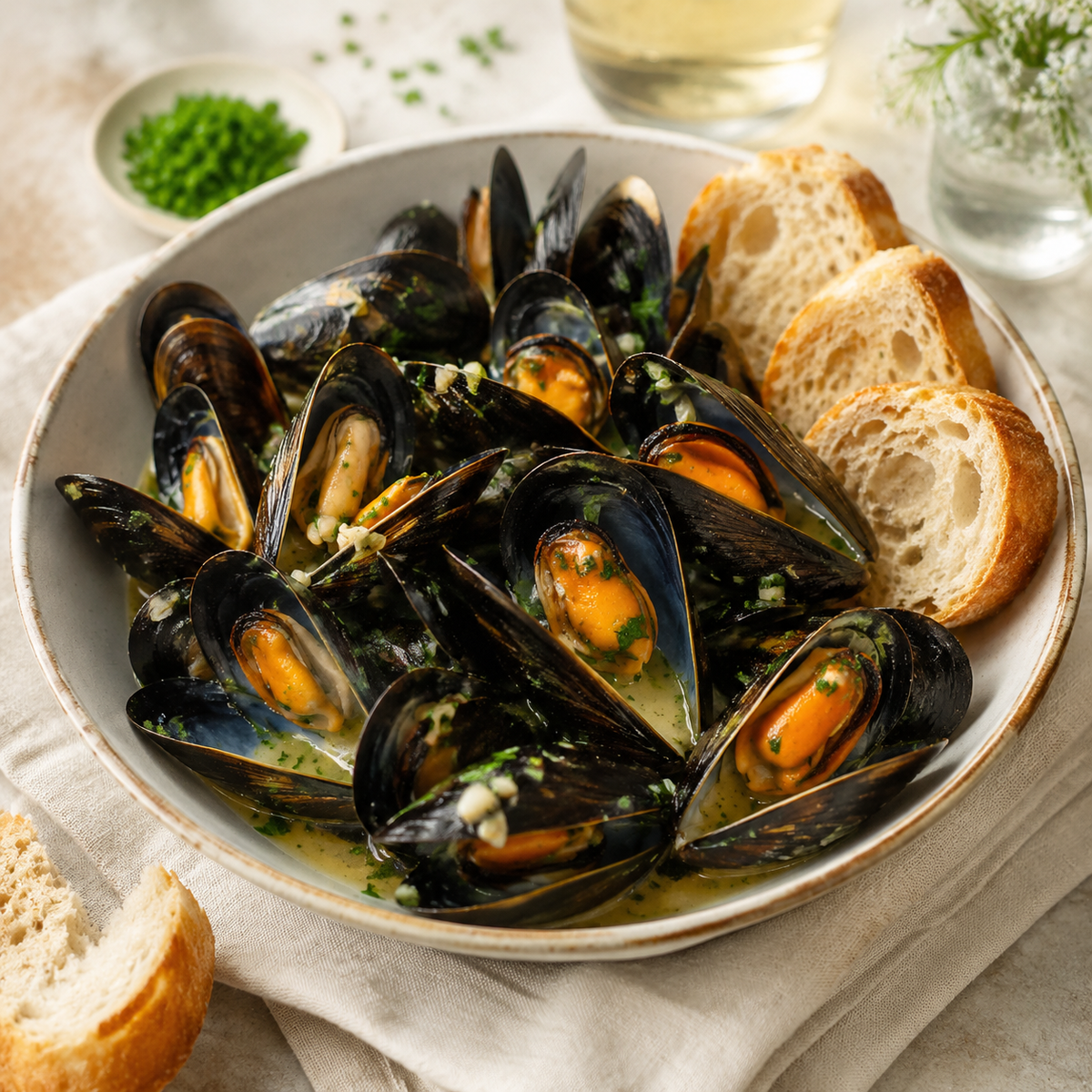 Prince Edward Island mussels in garlic butter sauce with herbs and bread