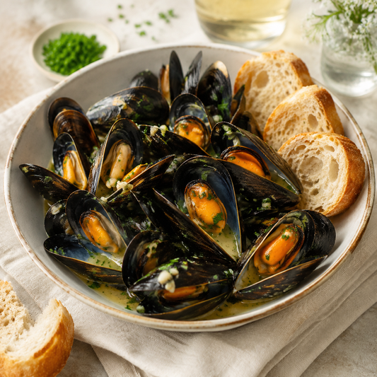 Prince Edward Island mussels in garlic butter sauce with herbs and bread