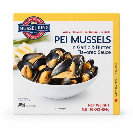 Mussel King PEI mussels in garlic and butter flavored sauce 1 lb box