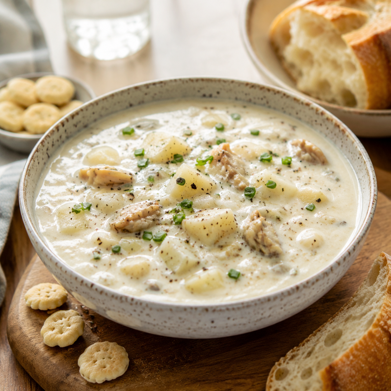 Creamy New England clam chowder with tender clams, potatoes and oyster crackers