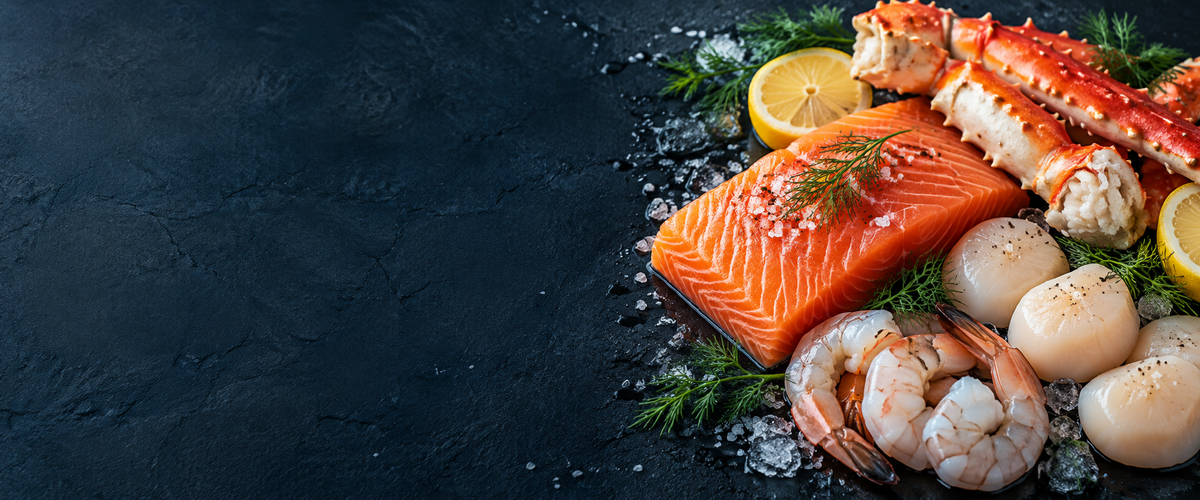 Seafood arrangement with salmon, scallops, shrimp and crab on a navy slate background