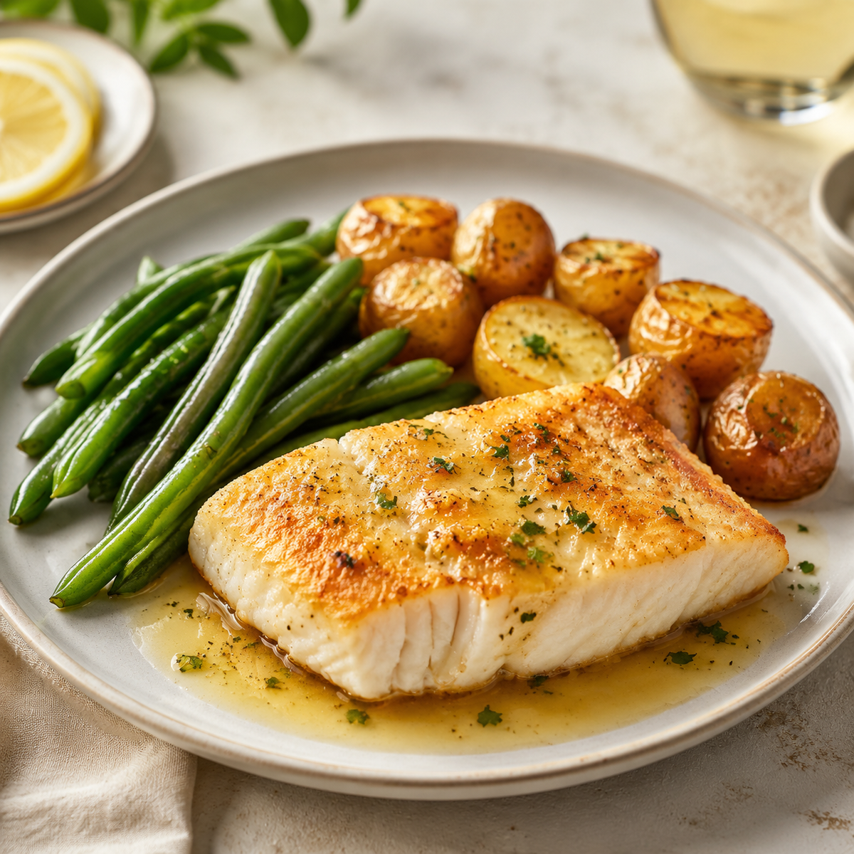 Pan-seared orange roughy fillet with lemon butter, green beans and potatoes