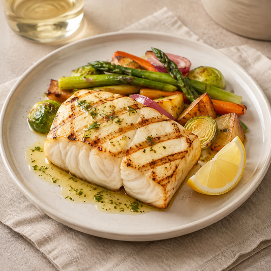 Grilled Pacific grouper portion with citrus herb butter and vegetables