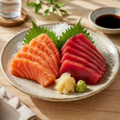 Norwegian salmon and AAA yellowfin tuna premium sashimi platter