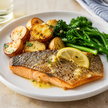 Pan-fried Michigan rainbow trout fillet with lemon butter and vegetables