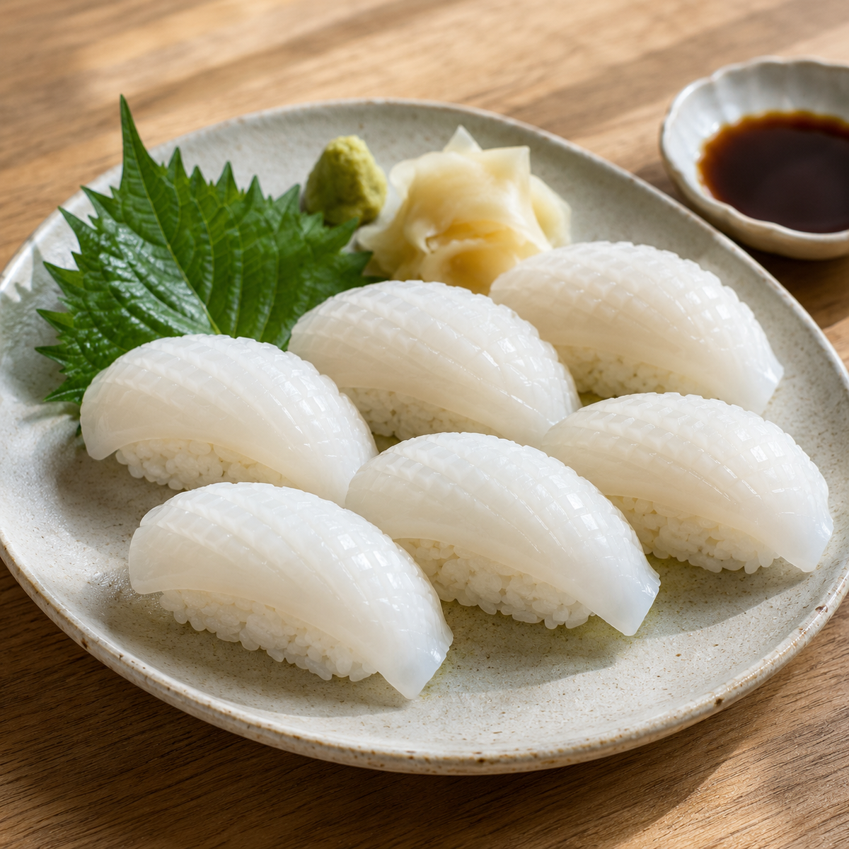 Sashimi cuttlefish nigiri with ponzu, wasabi and shiso