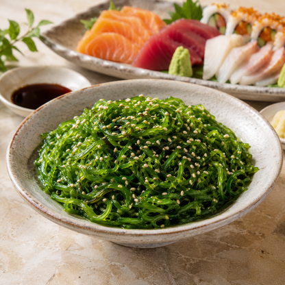 Chilled wakame seaweed salad with sesame served alongside sushi and sashimi
